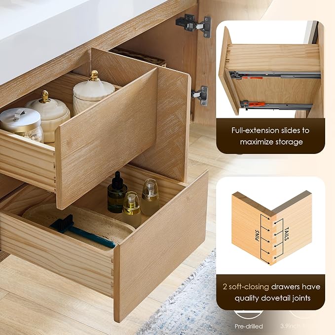 60 Inch Floating Sink Bathroom Vanity Wall Mount Double Vanities Overflow - Image 7