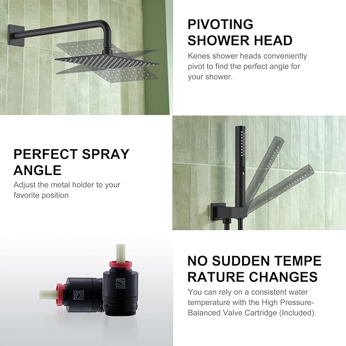 KENES Matte Black Rainfall Bathroom Shower System Rain Shower Head and Handle - Image 8