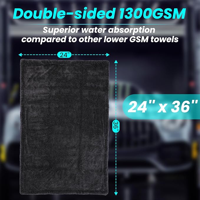 2 Pack 1300 GSM Car Drying Towel, Double-Sided Microfiber Towels - Image 2