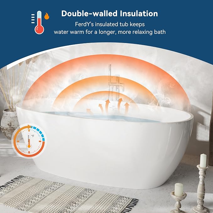 FerdY Tahiti 67" Freestanding Bathtub Elegant Oval Shape, Glossy White Double - Image 2