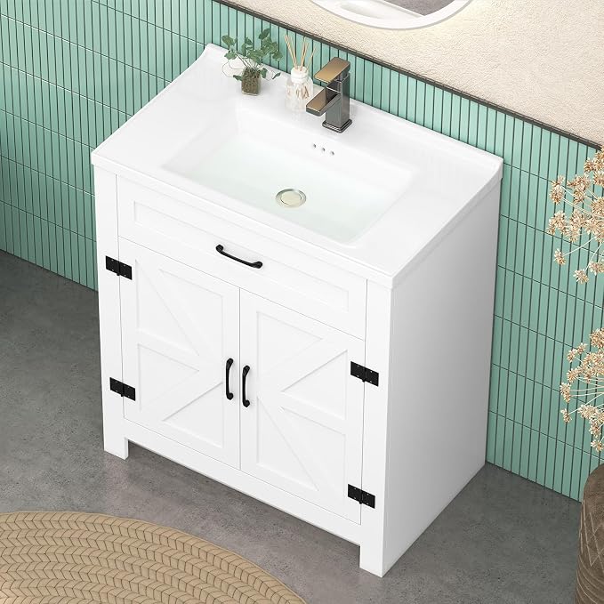 32 Inch Bathroom Vanity with Sink, Small Bathroom Sink Cabinet with 2 Barn Doors - Image 4