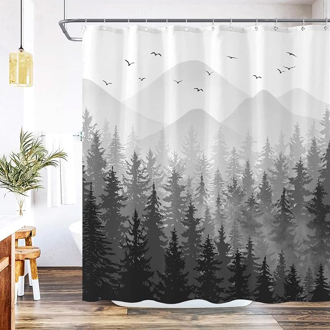 Aipon Black Misty Forest Shower Curtain Gray Ombre Nature Tree Plants Shower - Image 5