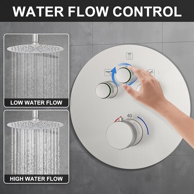 KOJOX Brushed Nickel Thermostatic Shower System, Push Button Diverter Shower - Image 4