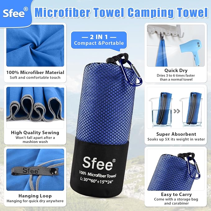 Sfee 2 Pack Microfiber Travel Towel, Quick Dry Towel Camping Towel Super - Image 2