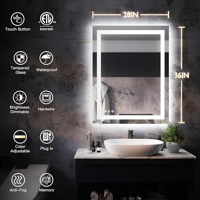 ISKM 36'' x 28'' LED Mirror for Bathroom Lighted Vanity Mirror for Wall Front - Image 7