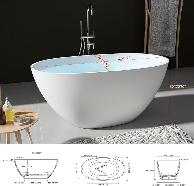 SJ STAR&JANE 51" Solid Surface Freestanding Bathtub, Stone Resin Oval Soaking - Image 8