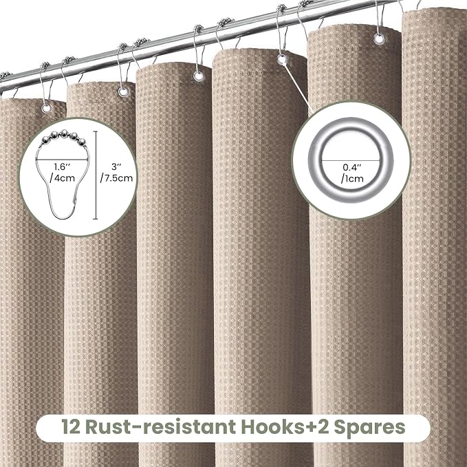Inhousolu Fabric Shower Curtain Waffle Weave, 230 GSM Heavy Duty, Weighted Hem - Image 2