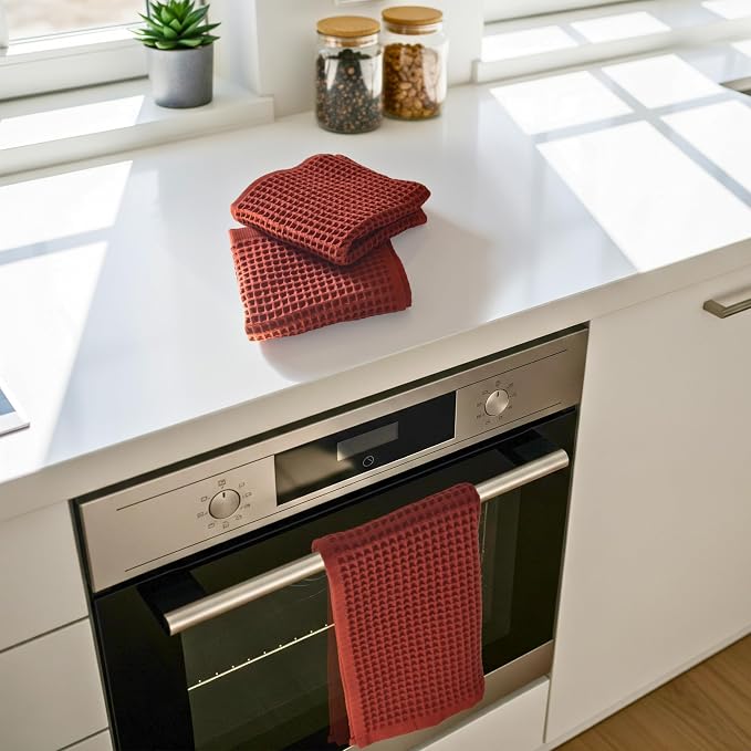 PÜSKÜL Organic Waffle Kitchen Towel 100% Turkish Cotton Set of 3 Red Brick - Image 2