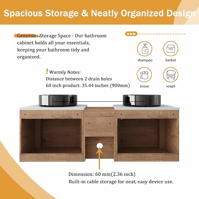 Malwee 60" Floating Bathroom Vanity - Image 7