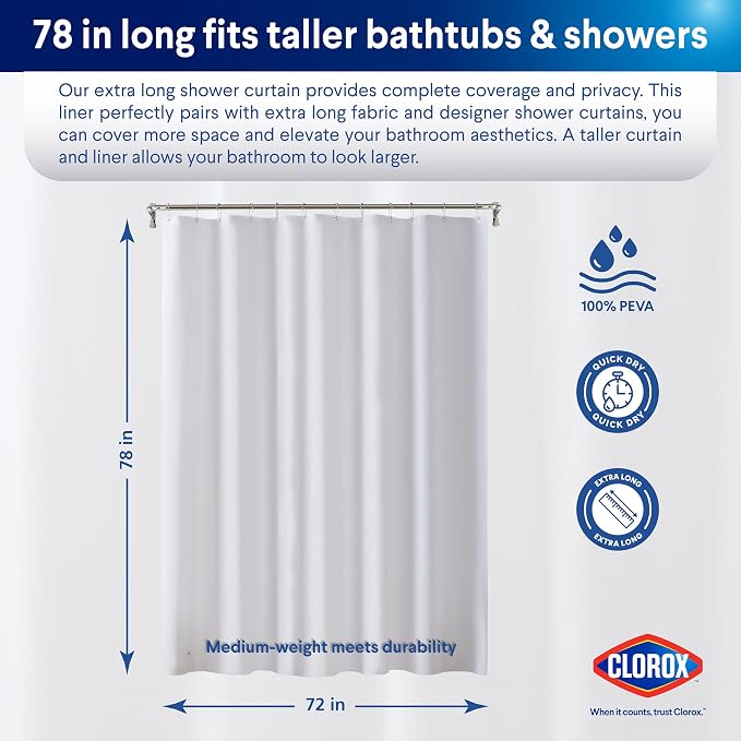 CLOROX Shower Curtain Liner, Premium Medium-Weight Durable Waterproof 6g PEVA - Image 2