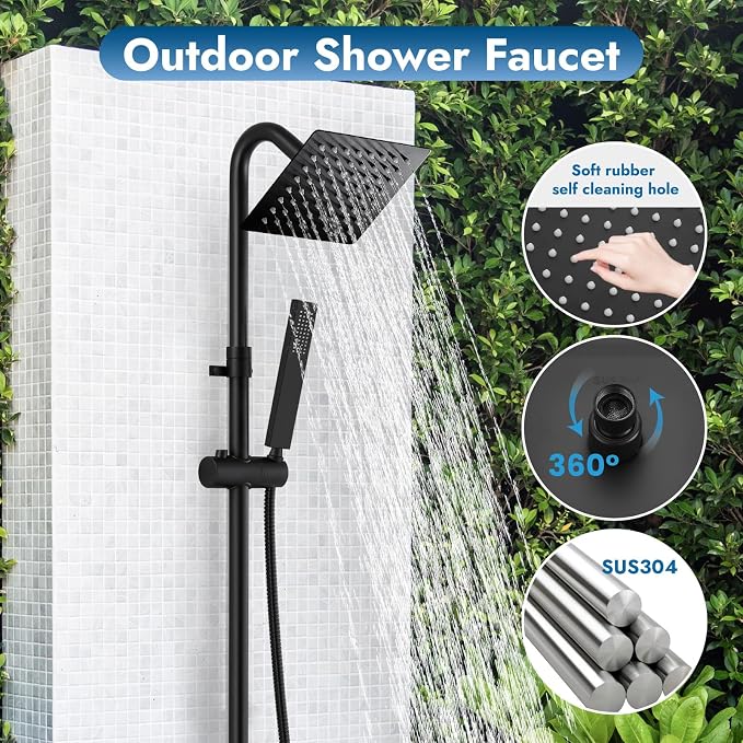 Wall Mounted Outdoor Shower System Matte Black 6" Square Rainfall Shower head - Image 2