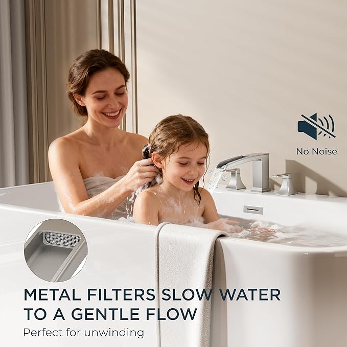 FORIOUS Waterfall Bathtub Faucet Set 3 Hole Brushd Nickel, 2 Handle Deck Mount - Image 4
