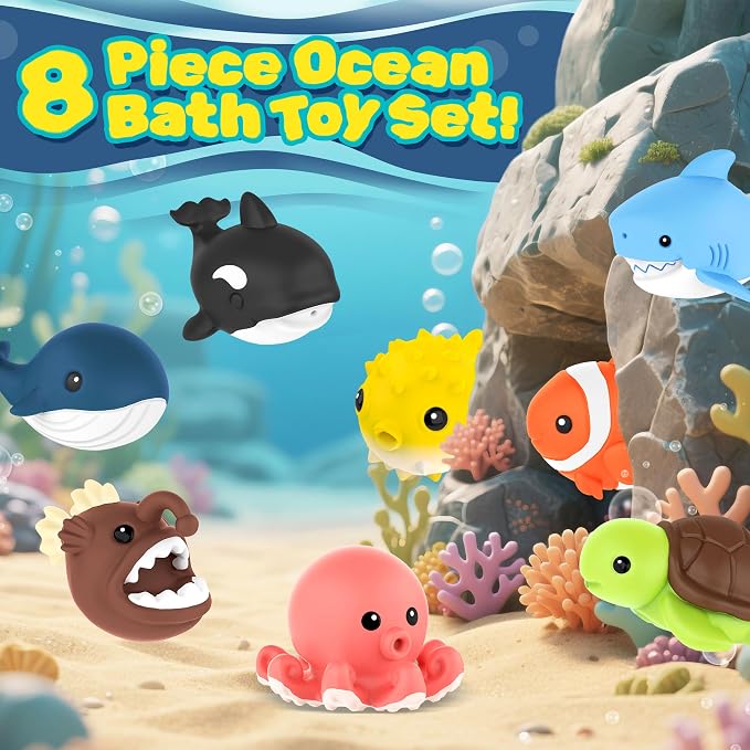 8 PCS Ocean Animal Bath Toys Mold Free Infant Bath Tub Toys - Image 7