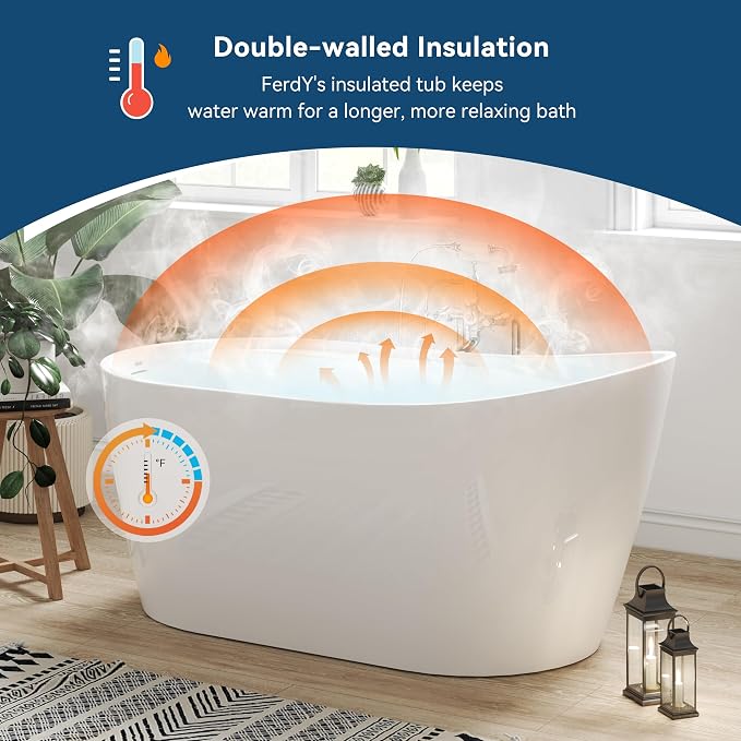 FerdY Lana'i 60" Freestanding Bathtub, Gracefully Shaped Freestanding Soaking - Image 2