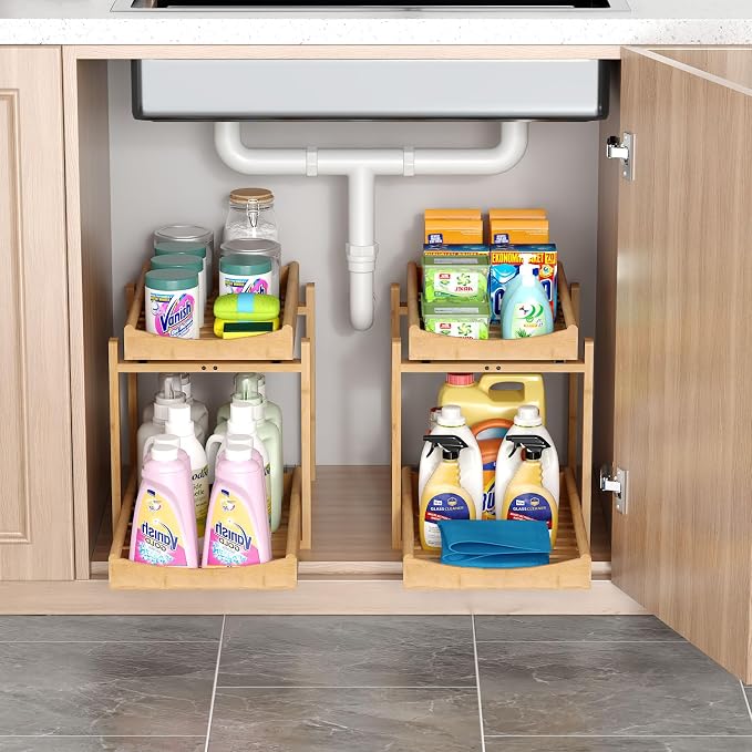 Bamboo Under Sink Organizer and Storage, 2 Pack Pull Out Cabinet Organization - Image 5