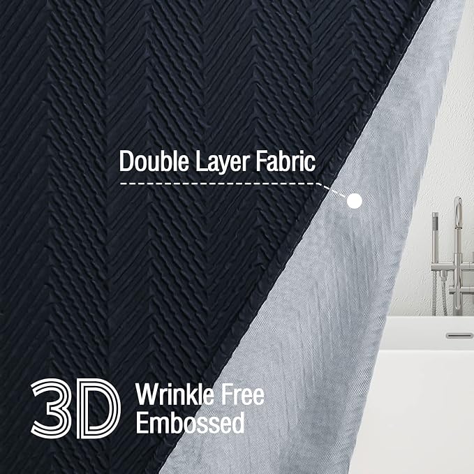 Gibelle Navy Blue Shower Curtain, 3D Embossed Textured Herringbone Fabric - Image 2