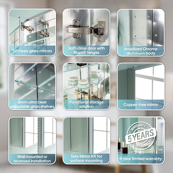 WELLFOR 36" x 30" Rectangle Medicine Cabinet Mirror, Surface Mount or Recessed - Image 6