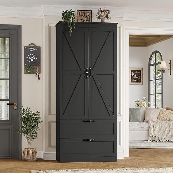 HOSTACK 70" Tall Kitchen Pantry Storage, Barn Doors Pantry Cabinet - Image 2