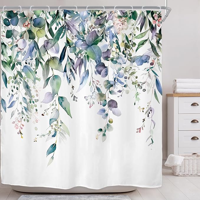 Riyidecor Teal Shower Curtain for Bathroom Decor 72Wx72H Eucalyptus Leaves - Image 3