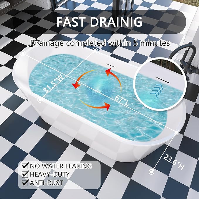 67" Free Standing Tub, Pure Acrylic Freestanding Bathtub, Stylish Stand Alone - Image 5