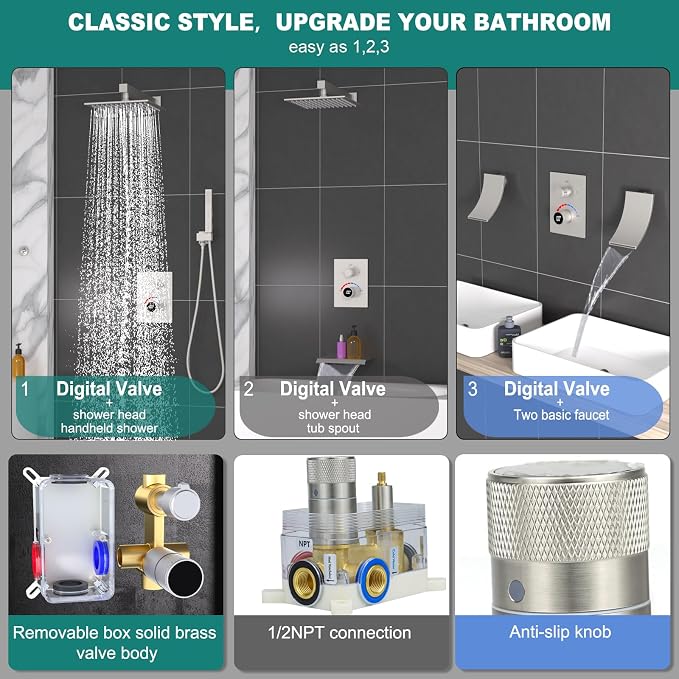 Temperature Display 2 Way Shower Valve Brass Rough-in and Rectangle Trim Kit - Image 4