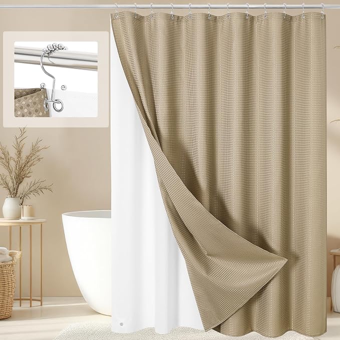3 in 1 Long Beige Shower Curtain Set-72 W x 78 H, Tan Waffle and PEVA Liner Set by Unknown