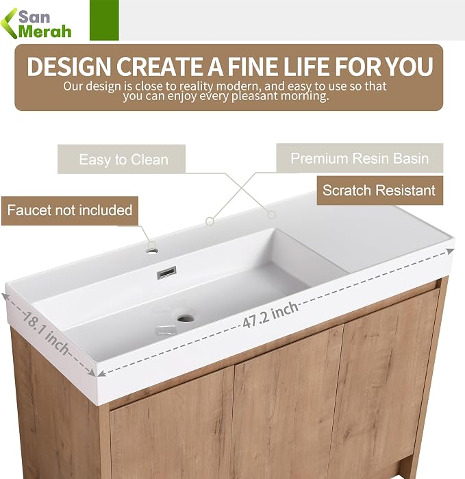 48 inch Bathroom Vanity with Sink, Single Resin Sink Bathroom Cabinet, Modern - Image 2