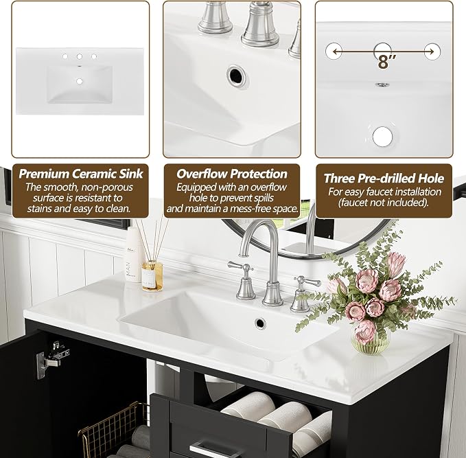 36" Bathroom Vanity with Solid Pine Frame, 1 Soft Close Door and 3 Drawers - Image 6