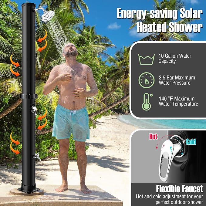 Goplus 10 Gallon Solar Heated Outdoor Shower, 7.2 FT Freestanding Outside Shower - Image 3