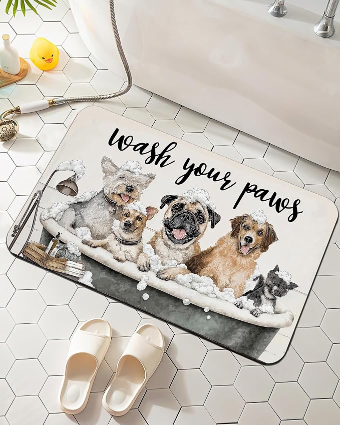 Funny Dogs Bath Mat for Bathroom, Wash Your Paws Washable Cover Floor Rug by Elightvap