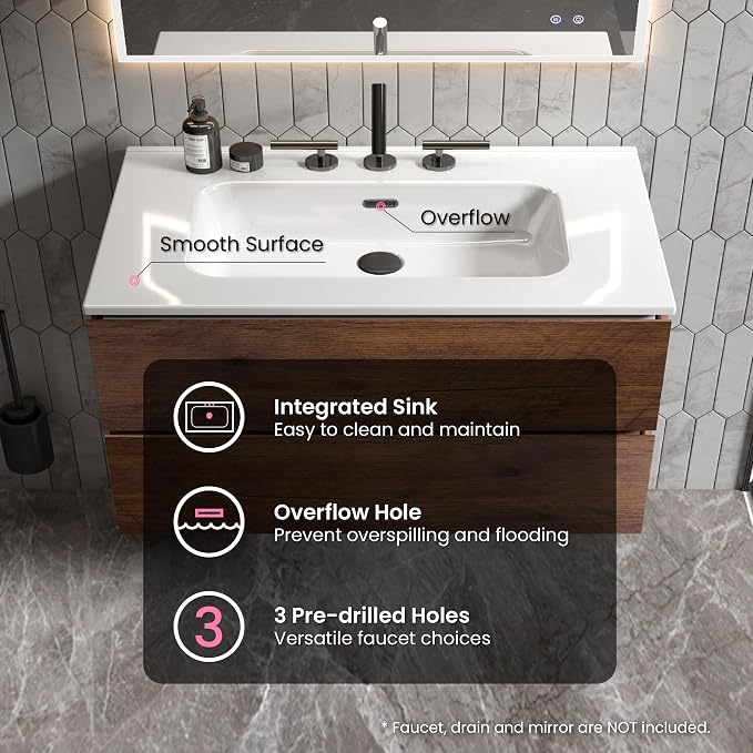 36" Bathroom Vanity with Sink, Modern Floating Vanity with Double Soft Closing - Image 5