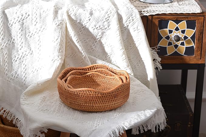 Rattan Bread Baskets Round Woven Fruit Bowls Key Holders Stackable - Image 7