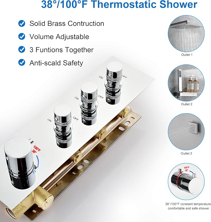 3-Way Chrome Shower Diverter Valve | Thermostatic Brass 3-Function Mixer | - Image 3