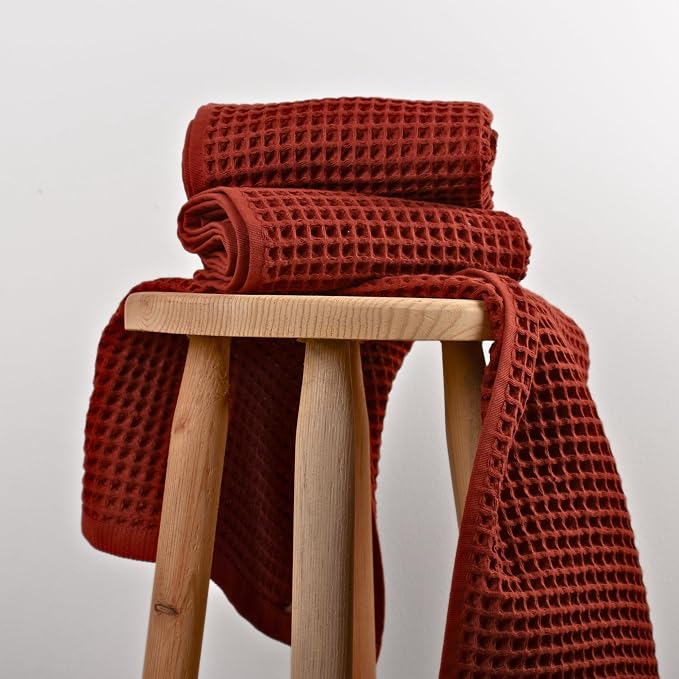 PÜSKÜL Organic Waffle Kitchen Towel 100% Turkish Cotton Set of 3 Red Brick - Image 8