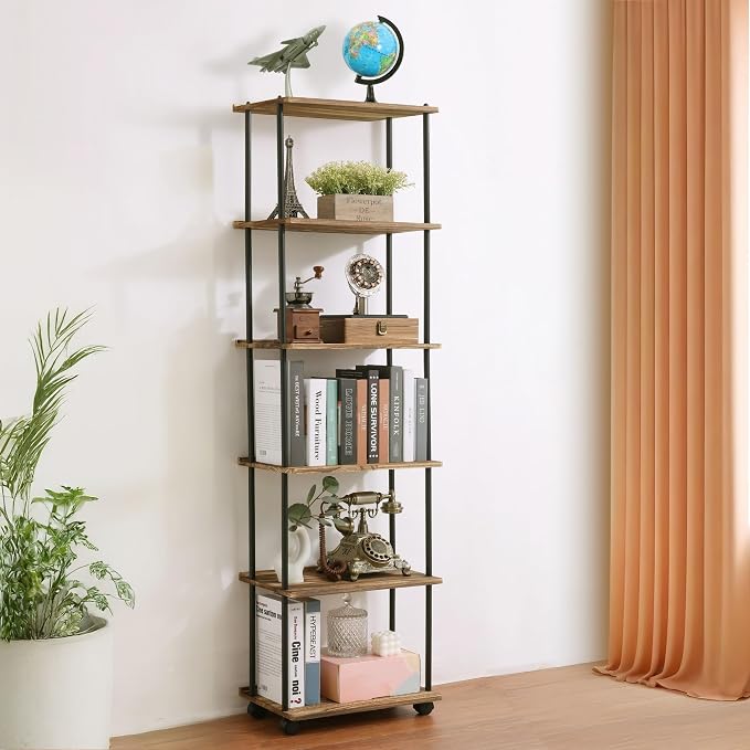 GETALL Tall Bookshelf with Wheels, 6 Tier Solid Wood Bookcase - Image 2