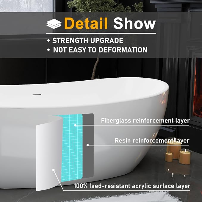 65" Acrylic Freestanding Bathtubs, Stand Alone Tub, Soaking Tubs - Image 5