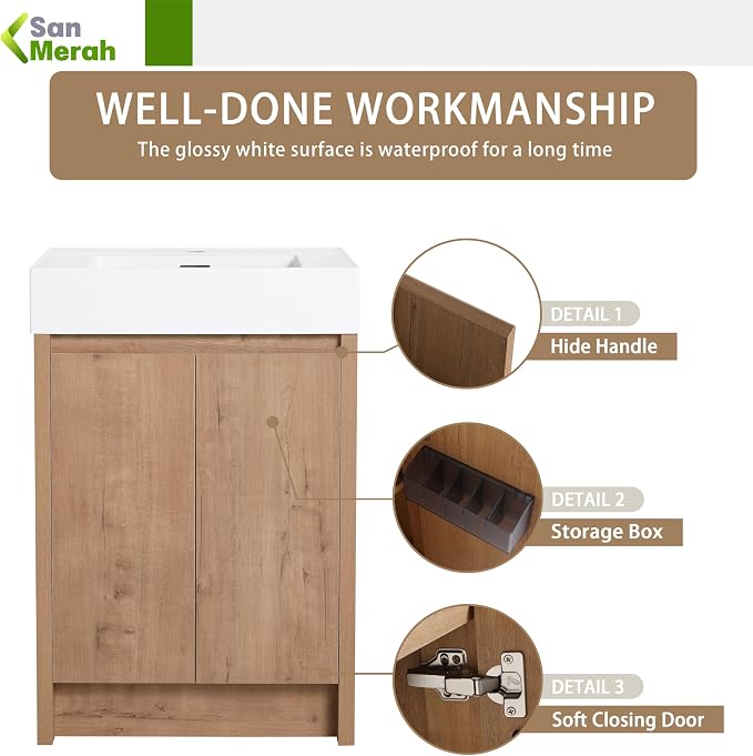 24 inch Bathroom Vanity with Sink, Bathroom Vanity Cabinet W/Resin Sink - Image 4