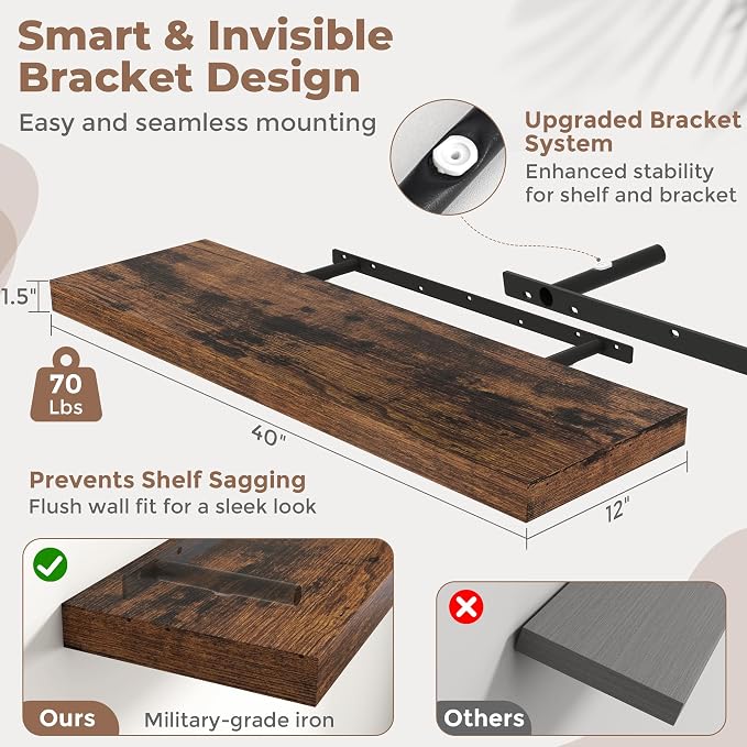 40 Inch Long Floating Shelves for Wall 2 Pack, Easy Install Engineered Wood - Image 3