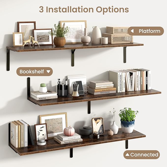 Fun Memories Rustic Brown 12 Inch Deep Floating Shelves Set of 2, Wall Mounted - Image 6