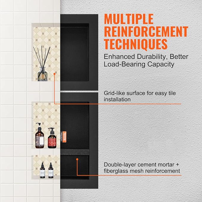 VEVOR Shower Niche Ready for Tile 16" x 16" & 16" x 20", Triple Shelf Organizer - Image 6
