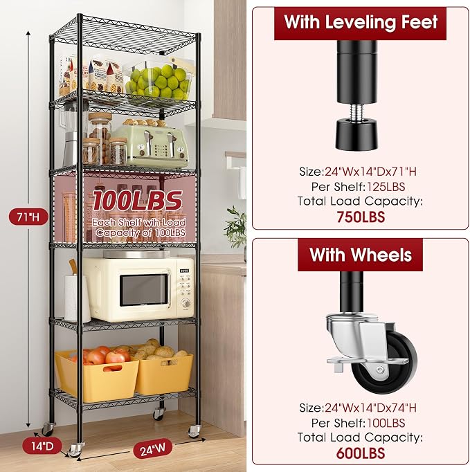 3 Pack Rolling 6-Tier Space-Saving Garage Wire Rack Shelving, 750 lbs Capacity - Image 2