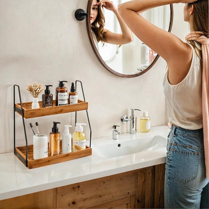Demigo Acacia Bathroom Organizer Countertop 13.6 x 14 x 6.7 inches, 2-Tier Wood - Image 2