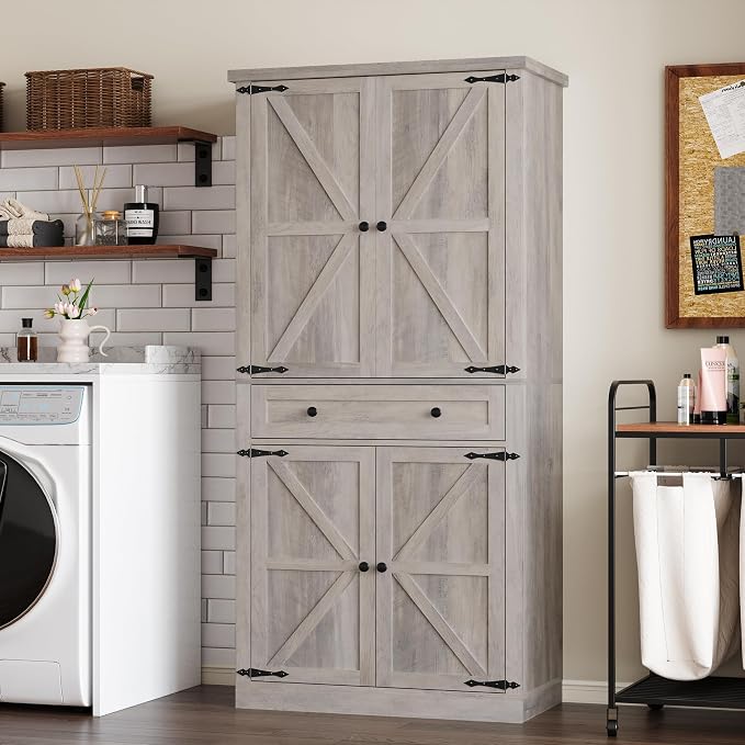 Pantry Organizers and Storage Cabinet, 70” Barn Door White Kitchen Cabinet - Image 6