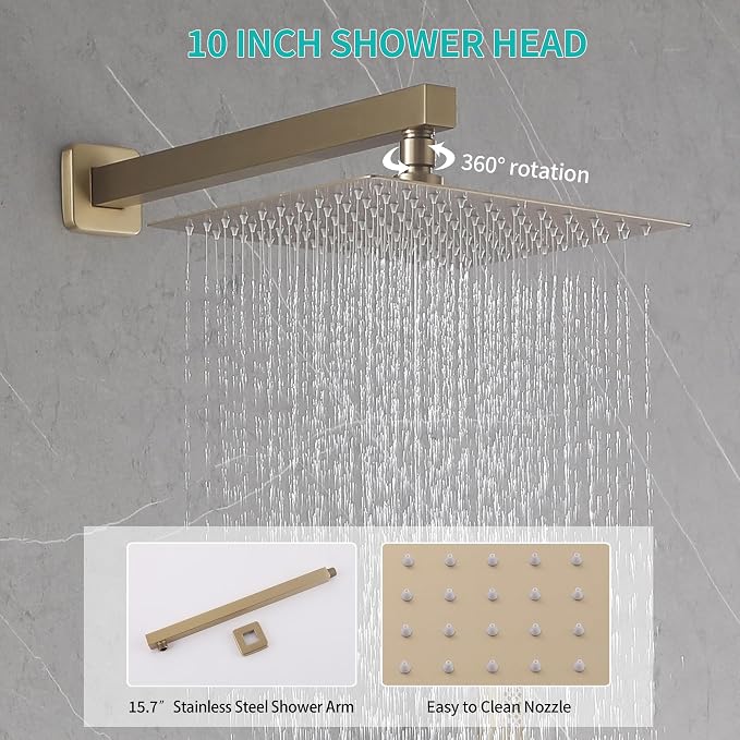 Brushed Gold Rain Shower System Combo: 10" Wall-Mounted Shower Fixtures - Image 4