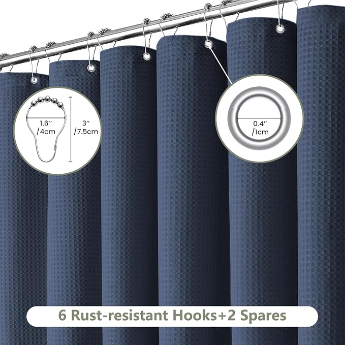 Inhousolu Fabric Shower Curtain Waffle Weave, Weighted Hem, 8 Metal Hooks - Image 2