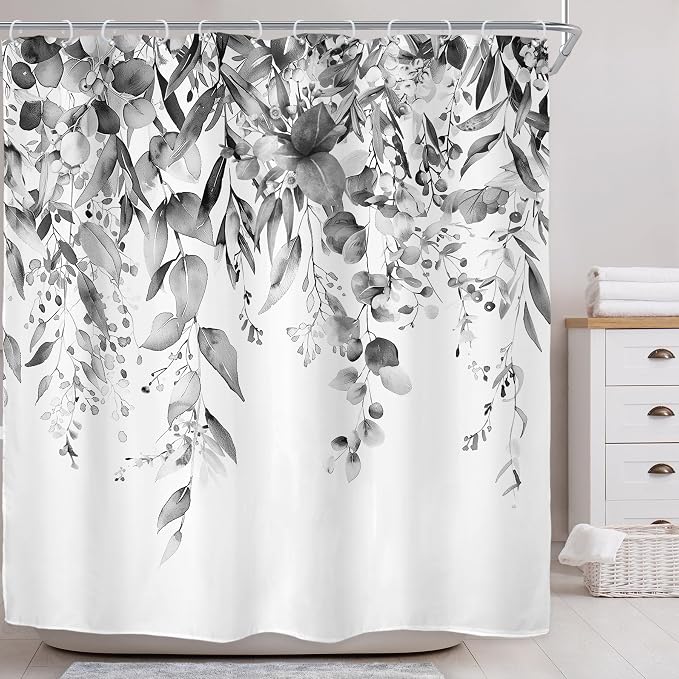 Riyidecor Black White Eucalyptus Shower Curtain - Image 2
