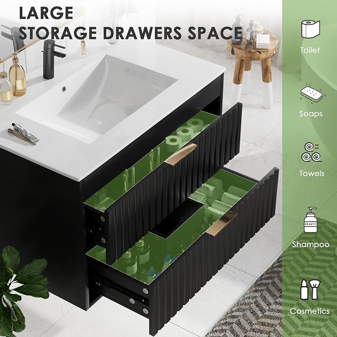 30" Bathroom Vanity with Sink, Floating Bathroom Vanity with 2 Fluted Drawers & - Image 5