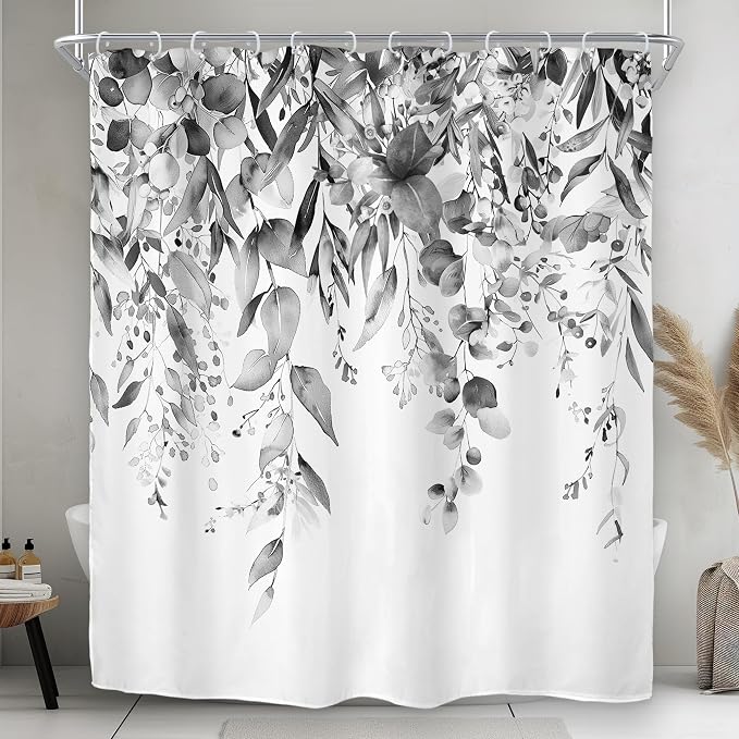 Riyidecor Black White Eucalyptus Shower Curtain by Riyidecor
