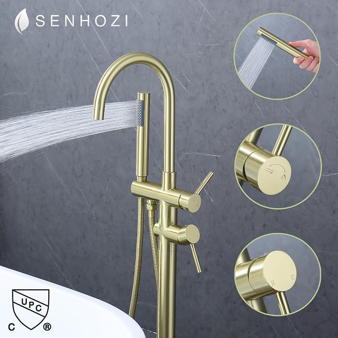 Freestanding Tub Faucet Floor Mount Tub Fillers, Senhozi Brushed Gold Free - Image 2