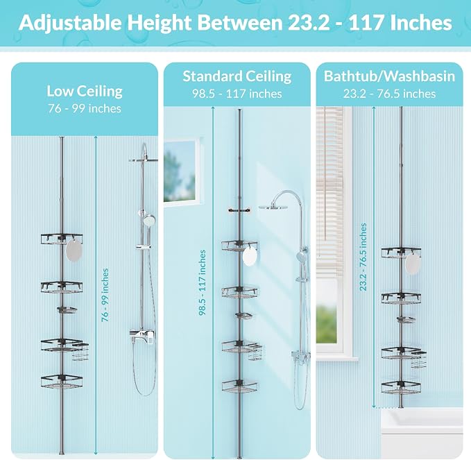 Shower Caddy Tension Pole, 4-Tier Adjustable Corner Shower Standing Caddy - Image 4